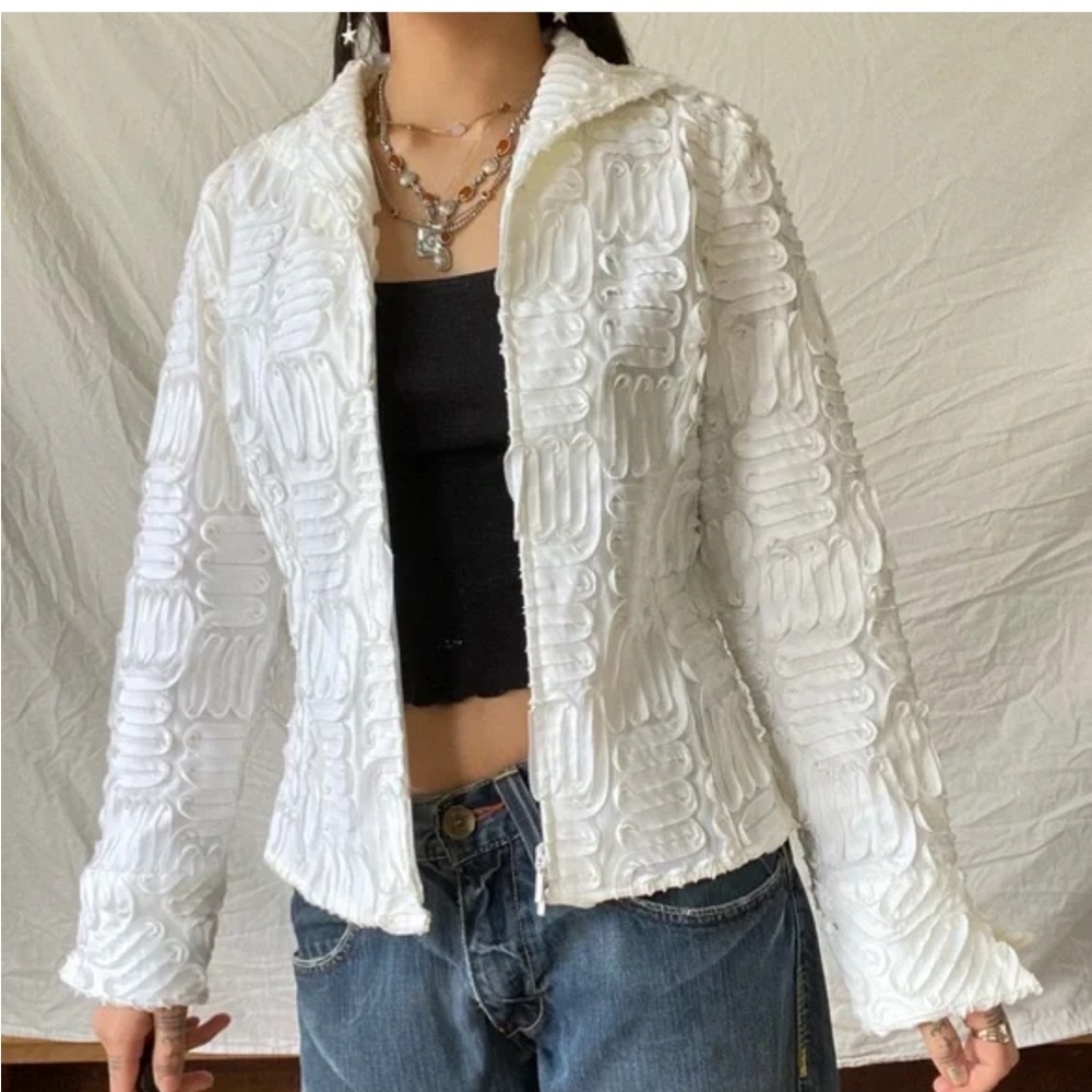 Samuel Dong Cream Zip Front Textured Jacket Size S